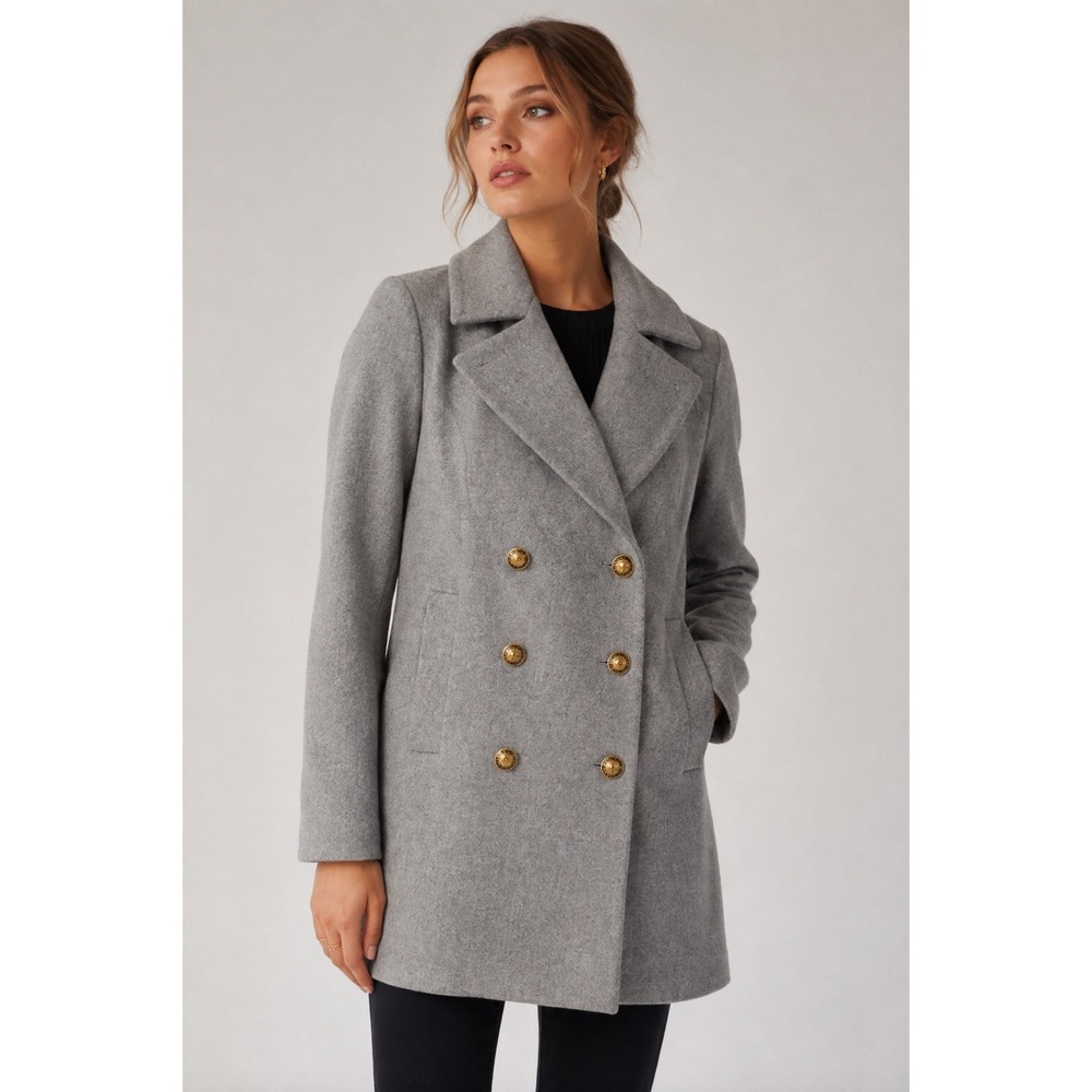 J.Crew Italian Melton Wool Pea Coat Double Breast Gray Size 00 NWT Gold Buttons